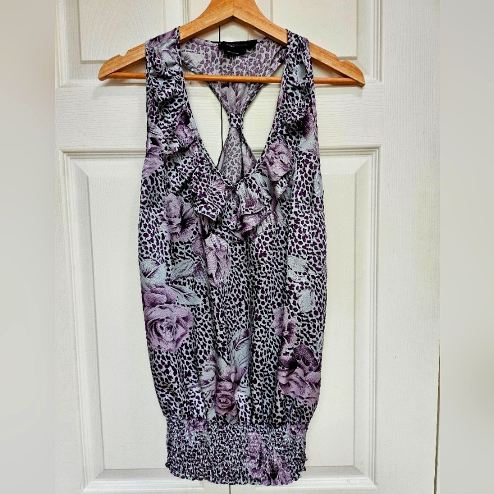 BCBGMaxAzria Purple and Grey Satin Feel Animal Print Top